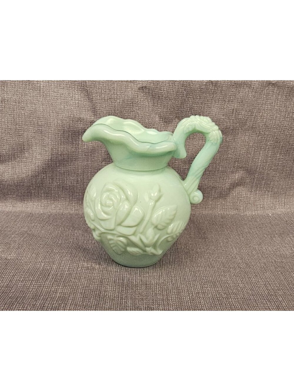 Vintage Mint Green Embossed Rose Glass Pitcher 5.5" Tall Decorative Vase